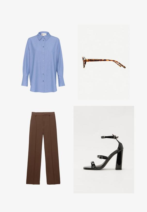 Cămașă lungă cu mâneci lungi, cu dungi albastre, având un guler clasic, închidere cu nasturi și mâneci lungi cu manșete. Materialul pare neted și ușor.; Pantaloni brauni, cu picioare largi, dintr-un material neted; au plisse frontale căptușite și un talie plată cu bucle pentru curea.; Sandale cu toc din patent negru, cu vârf pătrat, curele la gleznă și catarame din argint. Dispune de un toc gros pentru stabilitate.; Ochelari de soare cu ramă de țestoasă, cu un cadru gros, temple ușor curbate și textură netedă. Prezintă un design clasic, cu o finisare lucioasă.; Geantă de umăr din piele maro cu o textură netedă, design cu vârf deschis și două curele pentru umăr. Prezintă cusături minime și fără componente metalice vizibile.