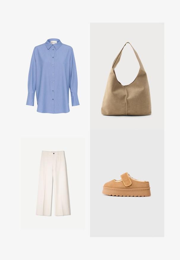 Modrá pruhovaná košeľa s dlhým rukávom s klasickým golierom, zapínaním na gombíky a dlhými rukávmi so manžetami. Materiál sa zdá byť hladký a ľahký.; Krémové široké nohavice s nohavicami na mieru, s dvoma prednými vreckami a jedným predným zapínaním na gombík, vyrobené z hladkej tkaniny.; Hnedé semišové slip-on topánky s suchým zipsom, okrúhlou špičkou a hrubou platformovou podrážkou s texturovaným gumovým vzorom.; Hobo taška z mäkkej béžovej semišovej kože so splývavým tvarom, širokým ramenným popruhom a ručne šitým detailom švu na prednej strane.