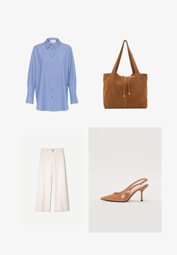 Modra prugasta dolgorasna srajca z klasičnim ovratnikom, sprednjim gumbom in dolgimi rokavi z manšetami. Tkanina se zdi gladka in lahka.; Kremne široke hlače s krojem, ki vključujejo dve sprednji žepi in en sprednji gumb za zapiranje, izdelane iz gladkega blaga.; Slinčaste pete z ostro konico v gladkem, sijočem bež materialu. Imajo ukrivljen rez in vitko stiletto peto. Podrobnost s srebrno zaponko.; Rjava semiš torba z dvema dolgima ročajema, z vrvico za zapiranje in minimalističnim dizajnom. Gladka tekstura in brez vidnih kovinskih dodatkov.