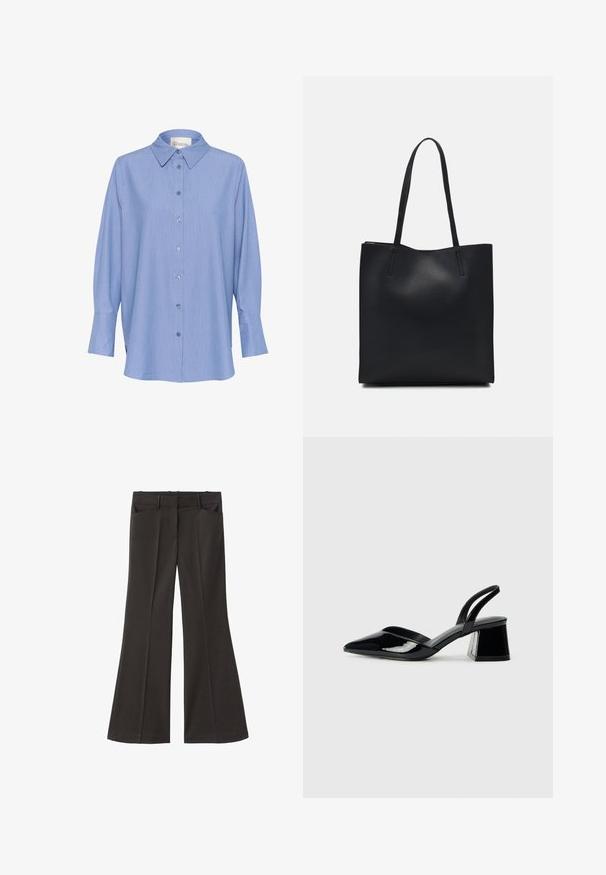 Langarmhemd mit blauen Streifen, klassischem Kragen, knopffrontverschluss und langen Ärmeln mit Manschetten. Der Stoff wirkt glatt und leicht.; Schwarze, weit geschnittene Hosen mit hoher Taille; verfügt über zwei Fronttaschen und eine glatte Stoffoberfläche. Geeignet für verschiedene Anlässe.; Schwarze Lackleder-Slingback-High Heels mit spitzem Schuh und einem geometrischen Blockabsatz. Verfügt über ein schlankes, minimalistisches Design und eine glatte Textur.; Schwarze Laptoptasche aus Leder mit glatter Textur, rechteckiger Form und zwei langen Griffen. Keine sichtbaren Beschläge oder Verzierungen.