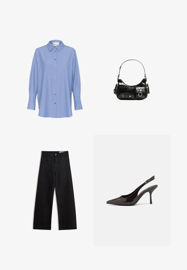 Blårandig långärmad skjorta med klassisk krage, knapplåsning framtill och långa ärmar med manschetter. Tyget verkar jämnt och lätt.; Svarta vida denimbyxor med hög midja, med fram- och bakfickor, sydda sömmar och knappstängning. Slät textur.; Högklackad slingback-sko i blankt mörkbrunt lackläder, spetsig tå, öppna sidor och justerbart ankelsnöre.; Svart lackläderhandväska med en rundad form, en axelrem, framfickor och detaljer i silverfärg.