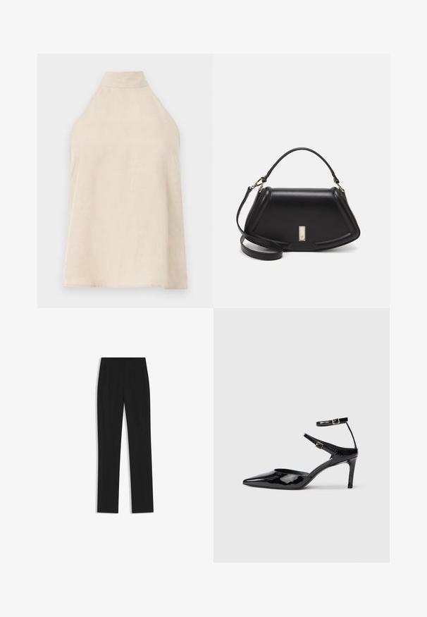 Beige halter top, sleeveless design, soft fabric with a smooth texture, high collar, and an A-line silhouette. Minimalist style.; Black tailored trousers with a straight-leg design, featuring front pockets and a smooth, textured fabric. Neat, minimal detailing.; Black patent leather heels with a pointed toe, adjustable ankle straps, and a slender heel. Smooth texture with a shiny finish.; Black leather handbag with a structured design, featuring a cropped shape, top handle, and gold hardware accent. Adjustable shoulder strap included.