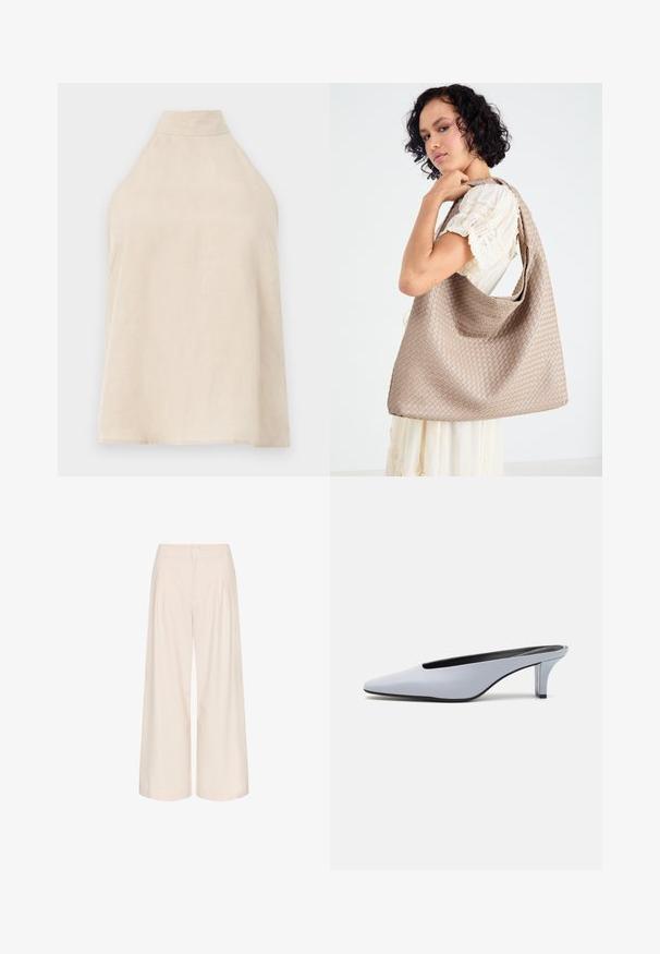 Top halter bej, design fără mâneci, material moale cu o textură netedă, guler înalt și siluetă A-line. Stil minimalist.; Pantaloni evazați crem cu pliuri, realizați dintr-un material neted. Au talie înaltă și buzunare laterale pentru funcționalitate.; Mule din piele patent albastru deschis, cu vârf ascuțit, toc transparent mic și un design elegant cu un decupaj la vamp.; Geantă țesută bej cu un design relaxat și o curea de umăr. Prezintă un model texturat pe întreaga suprafață.