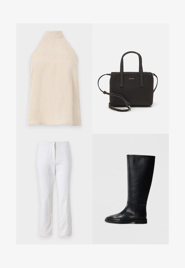 Bež top na halter, brez rokavov, mehak material z gladko teksturo, visok ovratnik in A-linijski kroj. Minimalističen slog.; Beli bombažne hlače s ravnim krojem, srednje visoko pasom, brez vidnih kovinskih elementov ali vzorcev. Gladka textura po vsej površini.; Črne usnjene škornje do kolen z zaobljenim nosom, gladko teksturo, minimalističnim dizajnom in ravnim podplatom. Preproste šivane detajle na zgornjem delu.; Črna torbica z dvema kratkima ročajema in odstranljivim naramnim trakom. Gladek usnju podoben material z zadrgo in podrobnostmi z logotipom.
