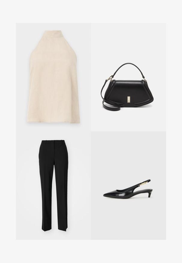 Top halter beige, design senza maniche, tessuto morbido con una texture liscia, colletto alto e silhouette a A. Stile minimalista.; Pantaloni neri su misura con un design a gamba dritta, caratterizzati da una texture liscia e pieghe ben definite sul davanti. Senza hardware visibile.; Tacchi slingback in pelle nera con punta affusolata, caratterizzati da un tacco alto e un accento dorato sulla cinghia regolabile. Texture liscia.; Borsa a mano in pelle nera con un design strutturato, caratterizzata da una forma corta, manico superiore e accessori in metallo dorato. Inclusa tracolla regolabile.