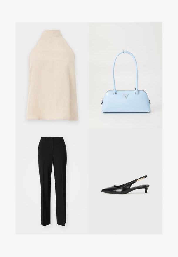 Bež halter top, bez rukava, mekan materijal s glatkom teksturom, visok ovratnik i A-linjasta silueta. Minimalistički stil.; Crne krojene hlače ravnog kroja, s glatkom teksturom i oštrim pregibima naprijed. Bez vidljivih metalnih dijelova.; Crne kožne sandale s petom, s izduženim vrhom, imaju usku petu i zlatni akcent na podesivoj traci. Glatka tekstura.; Svijetloplavi ručni torbica sa strukturiranim oblikom, glatka kožna materija, dva ručka i trokutasti brend logotip na prednjoj strani. Zatvaranje na patentni zatvarač.