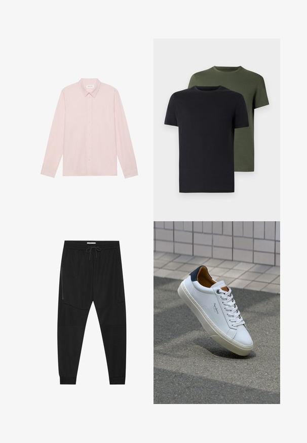 Šviesiai rožinė ilgomis rankovėmis marškinėliai su aštriu apykakle, pagaminti iš lygaus audinio, su priekiniais mygtukais ir minimalizmo stiliumi.; Du vtų polo marškiniai juodos ir alyvuogių spalvos, pagaminti iš minkštos medvilnės. Dizainas yra paprastas, su trumpomis rankovėmis ir tiesiu kirpimu.; Juodos sportinės kelnės, pagamintos iš tekstūruoto audinio, su reguliuojamu juosmeniu, šoniniu užtrauktuku užtraukiamu kišeniu ir siaurėjančiomis rankovėmis.; Balti odiniai sportbačiai su mėlynu kulnu, apvalia nosimi ir kontrastingais rudais akcentais. Aptakios raišteliai ir tekstūruota guma.