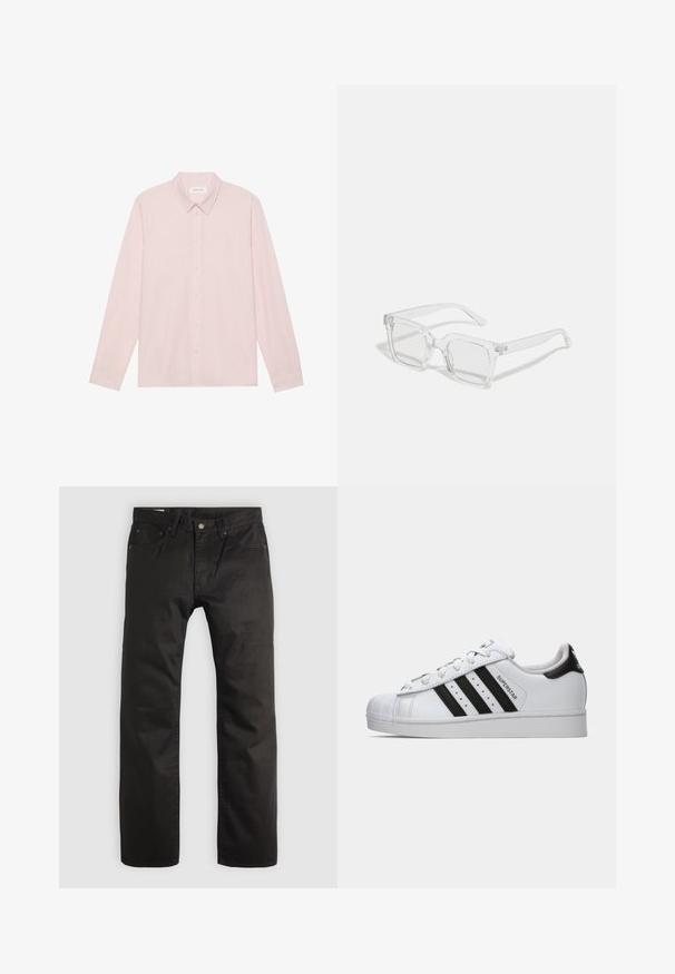 Vaaleanpunainen pitkähihainen napillinen paita, jossa on terävä kaulus, valmistettu sileästä kankaasta. Paidassa on etunapitus ja minimalistinen muotoilu.; Mustat suoralahkeiset housut, joissa on edessä nappi- ja vetoketjusuljenta, vyölenkit ja viisi taskua vaalealla taustalla.; Valkoiset Adidas Superstar -lenkkarit mustilla raidoilla, kuorikärjellä ja "Superstar" -tekstillä sivussa, esitettynä vasemmasta profiilista valkoista taustaa vasten.; Läpinäkyvät suorakulmaiset aurinkolasit paksulla muovikehyksellä, joissa on hieman tummennetut linssit eikä lisäkuvioita tai koristeita.