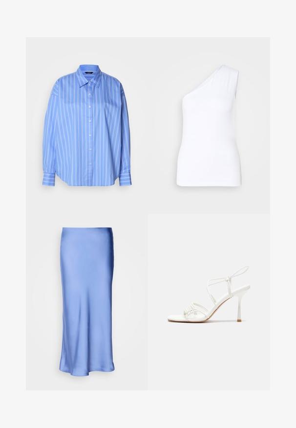 Heledad sinine nööpidega särk valgete vertikaalsete triipudega, klassikalise kraega ja mugava lõikega. Omab pikki varrukaid nööpidega mansettidega.; Asümmeetrilise kujuga valge tank top ühe õlaga, valmistatud siledast kangast, millel on kehakumerus ja puhtad servad.; Satiinsinine sinine midi-seelik, millel on sile ja läikiv viimistlus. Laienev siluett, äär on pehmelt kaardus, rõhutades selle voolavat disaini.; Valge rihmadega kõrge kontsaga sandaal, millel on lamedad varbatoed, tekstuuriga esiosa kogutud detailidega ja kitsas pahkluu rihm.
