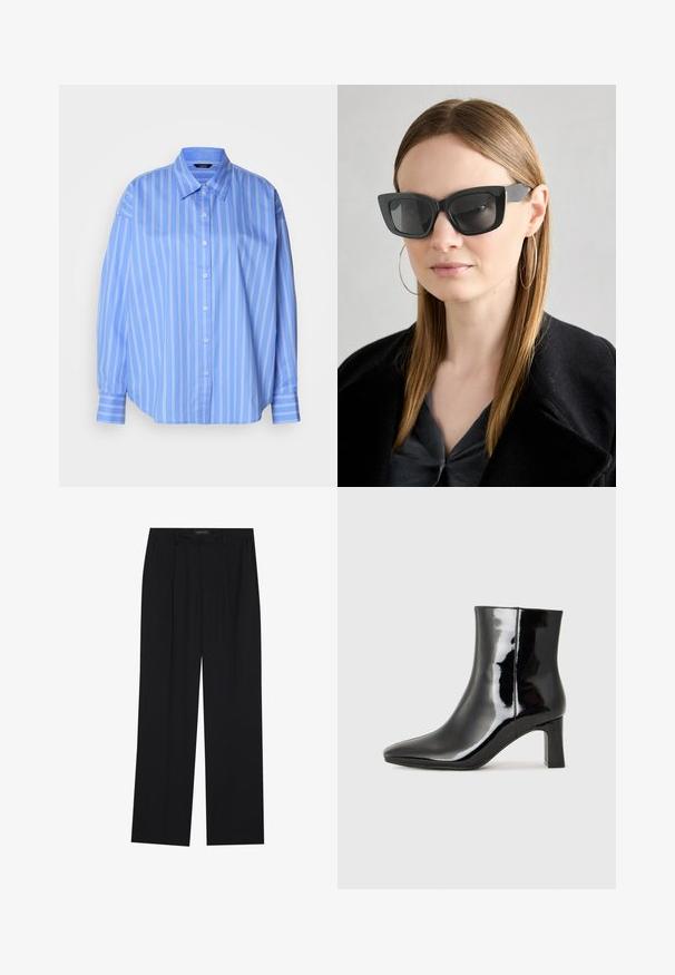 Šviesiai mėlynas marškinėlių švarkas su baltomis vertikaliomis juostelėmis, klasikinis apykaklė ir laisvas kirpimas. Turi ilgus rankovėmis su sagomis.; Juodos kelnes su tiesiomis sijonais, turinčios dvi priekinės kišenės ir juosmenį. Pagamintos iš lygios, lengvos medžiagos.; Juodos lakuotos odinės aulinukės su smailiu pirštu ir vidutinio aukščio blokuotu kulnu. Lygus paviršius ir minimalistinis dizainas.; Juodos katės akies saulės akiniai su tamsiais objektyvais, storo rėmo ir subtiliais akcentais. Dėvimi su juodu paltu ir pilku viršumi, turinčiu ilgus tiesius plaukus.