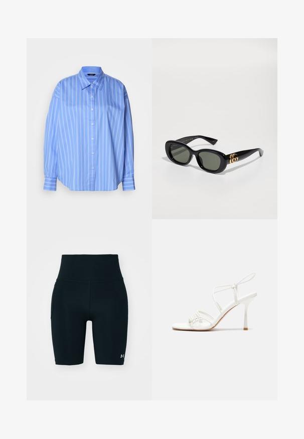 Světle modrá košile na knoflíky s bílými svislými pruhy, klasického límce a volného střihu. Obsahuje dlouhé rukávy se zapínacími manžetami.; Černé sportovní šortky vyrobené ze strečového materiálu, vybavené vysokým páskem a boční kapsou. Hladký povrch s plochými švy a logem.; Bílé sandály na vysokém podpatku s tenkým páskem kolem kotníku, plochou špičkou, texturovaným předním dílem s nařasenými detaily.; Černé plastové sluneční brýle se zelenými skly, oválného tvaru, s detailním zlatým logem na stranách. Hladký povrch a lesklý finiš.; Vivienne Westwood ONE ROW BAS RELIEF CHOKER - Náhrdelník - gold-coloured/cream