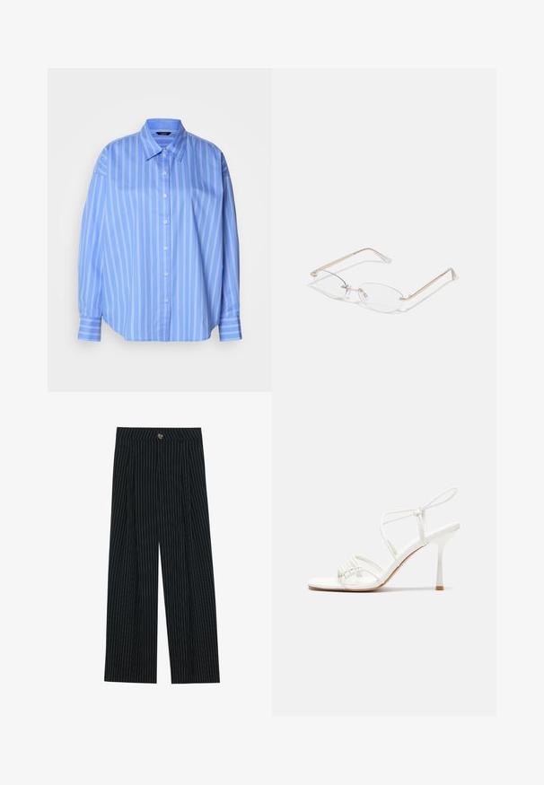 Jasnoniebieska koszula zapinana na guziki z białymi pionowymi paskami, z klasycznym kołnierzykiem i luźnym krojem. Posiada długie rękawy zakończone mankietami zapinanymi na guziki.; Czarne szerokie spodnie w paski wykonane z teksturowanej tkaniny, z zapięciem na guziki z przodu i plisowanym wzorem dla dodatkowego interesu.; Białe sandały na wysokim obcasie z paskami, z płaską bazą na palcach, teksturowanym przodem z marszczonymi akcentami oraz cienkim paskiem na kostce.; Złote metalowe okulary z owalnymi soczewkami, cienkimi zausznikami i przezroczystymi noskami. Posiadają subtelne akcenty zawiasów oraz przezroczyste soczewki.