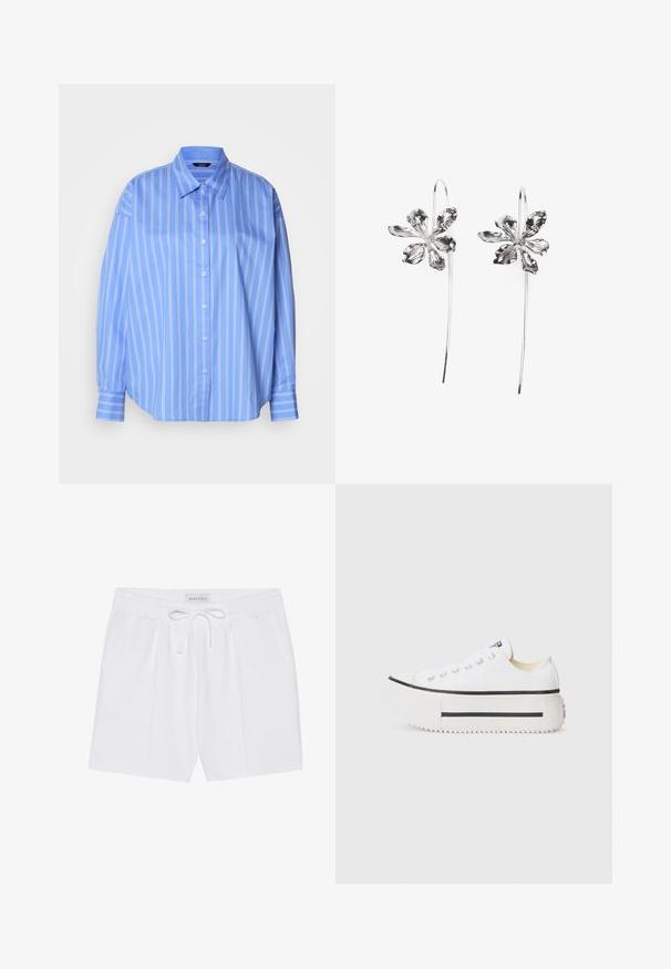 Világoskék gombos ing fehér függőleges csíkokkal, klasszikus gallérral és laza szabással. Hosszú ujjakkal rendelkezik, gombbal záródó mandzsettákkal.; Fehér, térd fölé érő rövidnadrág puha anyagból, elasztikus derékkal és húzózsinórral, valamint két oldalzsebbel. Egyszerű kialakítás, minta nélkül.; Fehér vászon platform edzőcipők fekete gumitalppal, kerek orrbetéttel és fém szemgyűrűkkel, amelyek egyszerű, letisztult dizájnnal rendelkeznek.; Ezüst virágformájú fülbevalók, texturált felülettel, hosszú akasztókkal és szirmokra hasonlító részletekkel az összetett dizájn érdekében.