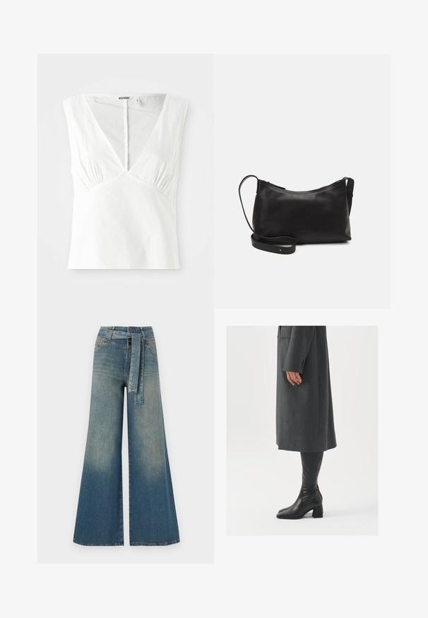 Biely bezrukávový top s hlbokým výstrihom do V, s nariasenými detailmi po stranách, vyrobený z textúrovanej látky a s rovnou lemom.; Džínsy s širokými nohavicami, ktoré majú prechod od svetlomodrej po tmavomodrú, vysoký pás, pútka na opasok a opasok z rovnakého materiálu. Textúrovaný denimový povrch.; Sivý, strihovo upravený kabát so rovnými líniami; doplnený o čierne kožené čižmy po kolená s štvorcovou špičkou a robustným podpätkom.; Čierna kožená ramenná taška s hladkou textúrou, zakriveným tvarom, nastaviteľným popruhom a zipsom. Minimalistický dizajn bez ozdôb.