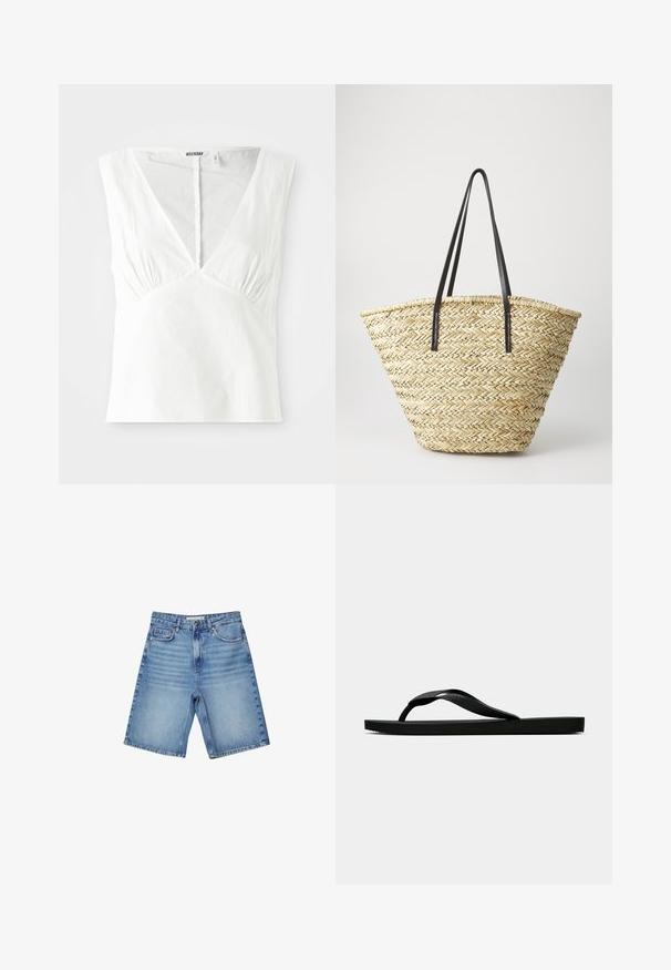 Hvid ærmeløs top med en dyb V-udskæring, der har sammensyninger på siderne, lavet af et struktureret stof, og en lige kant.; Denimshorts i lyseblå med et klassisk femlomme-design, lynlåsåbning og subtil lysning. Ret snit med optrænet kant.; Sorte gummiflip-flopsandaler med en tekstureret rem og simpel flad sål, vist fra siden på en lys ensfarvet baggrund.; Vævet stråtaske med en bred, afsmalnet form, der har to sorte læderhåndtag. Naturlig beige farve med en tekstureret overflade.
