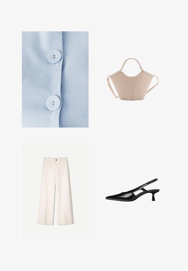 Himmelblaues Stoffhemd mit zwei runden Knöpfen und Knopflöchern, strukturiertem gewebtem Material und einem ordentlichen Knopfverschluss.; Cremfarbene weitem Hosen mit maßgeschneidertem Design, ausgestattet mit zwei vorderen Taschen und einem vorderen Knopfverschluss, aus glattem Stoff gefertigt.; Schwarze Lackleder-Slingback-High Heels mit spitzer Zehenform, ausgeschnittenem Seitendesign und kleinem Blockabsatz. Glatte Textur mit minimalen Akzenten.; Beige Lederhandtasche mit einer einzigartigen Form, die zwei kurze Henkel und einen langen verstellbaren Riemen aufweist. Glatte Textur mit minimalen Hardware-Elementen.
