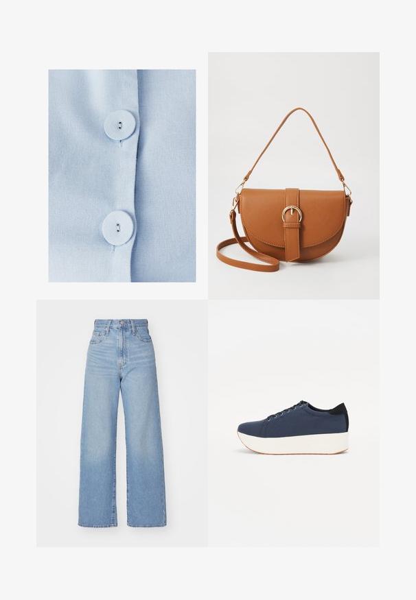 Lyseblå stofskjorte med to runde knapper med knaphuller, tekstureret vævet materiale og en pæn knaplukning.; Lyseblå højtaljede bukser med bred benåbning, med frontknap og lynlås, samt for- og baglommer, på en hvid baggrund.; Mørkeblå sneakers med en struktureret stofoverdel, hvid platformssål, rund tå og sort hælakkent. Har seks snøreøjer til snørebånd.; Brun læder crossbody taske med en buet form, guldfarvet hardware og en spændeaccent. Har en aftagelig skulderrem.