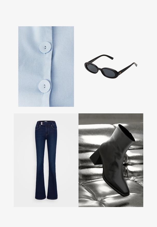 Svetlomodrá látková košeľa s dvoma guľatými gombíkmi a gombíkovými dierkami, textúrovaný tkaný materiál a úhľadná gombíková lég. ; Tmavomodré zvonové džínsy s vysokým pásom, dvoma prednými vreckami a dvoma gombíkovými zapínaniami. Vyrobené z denimu s hladkou textúrou.; Čierne členkové topánky vyrobené z lesklého materiálu so štvorcovou špičkou a zúženým podpätkom, na lesklom striebornom podklade s vystuženým vzorom.; Čierne oversized slnečné okuliare s oválnymi šošovkami, hladkým plastovým rámom a zlatými akcentmi na straniciach. Tmavé šošovky poskytujú ochranu pred slnkom.