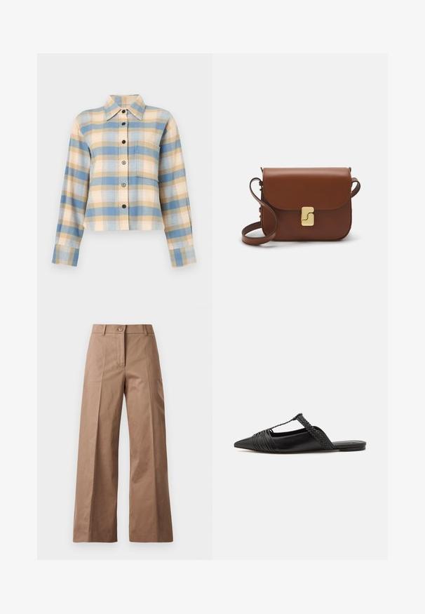 Camisa xadrez com colarinho estruturado, apresentando padrões de check em azul, bege e rosa, mangas longas e botões pretos na frente.; Calças largas castanhas feitas de um tecido suave, com fecho frontal por botão, dois bolsos frontais e linhas limpas e ajustadas.; Sapatilha slingback em couro preto com bico pontudo, apresentando um detalhe trançado e um design superior plissado. Sola plana com hardware mínimo.; Bolsa de couro castanho com fecho de aba, decoração em tom dourado, alça de ombro e textura suave. Formato retangular compacto.