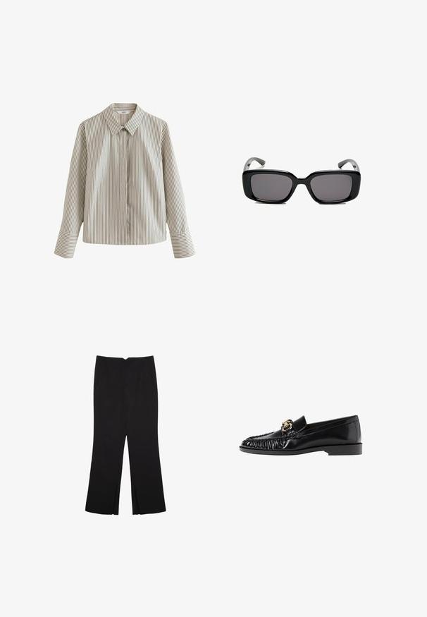 Prugasta košulja s dugim rukavima u svijetlopješanoj boji s tamnim vertikalnim prugama, s klasičnom ovratnikom, dugim rukavima i džepom s lijeve strane.; Crne hlače ravnog kroja, s prednjim džepovima i bočnim prorezima na rubu. Izrađene od mekog i glatkog materijala. Pogodne za razne prigode.; Crna kožna loaferica s zaobljenim vrhom, naboranom teksturom i zlatnim detaljima. Ravni potplat i glatka površina.; Crne pravokutne sunčane naočale s tamnim lećama, glatkim plastičnim okvirom i zakrivljenim državama. Dizajn je masivan s minimalističkom estetikom.