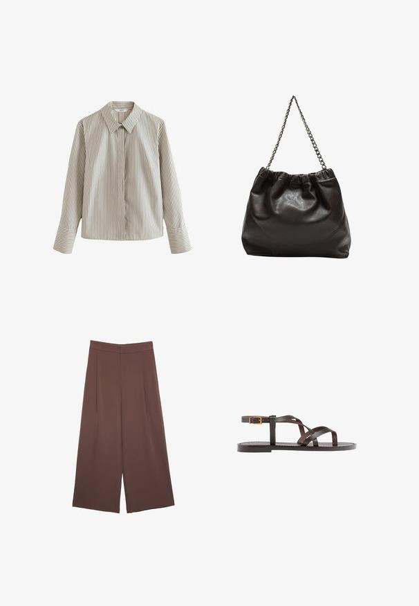 Chemise à rayures beige clair avec de sombres rayures verticales, dotée d'un col classique, de manches longues et d'une poche sur le côté gauche.; Pantalons larges marron avec une texture lisse, dotés d'une taille haute et de plis à l'avant. Le tissu est léger et tombe de manière fluide.; Sandale en cuir marron avec des brides entrecroisées, une fermeture à boucle à la cheville et une semelle plate avec des détails de couture minimaux.; Sac en cuir marron avec un haut froncé et une bandoulière en chaîne. Texture lisse avec une finition brillante et des coutures subtiles sur les côtés.