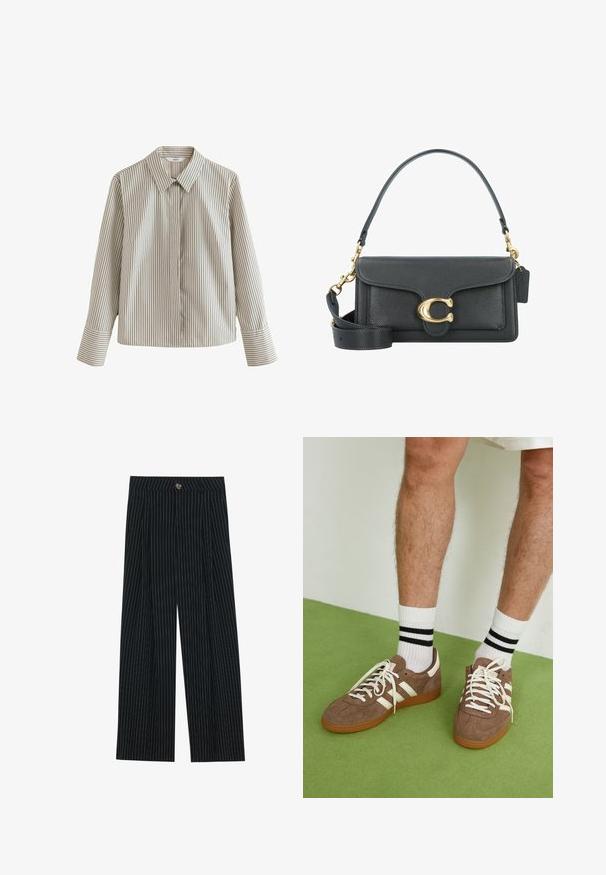 Prugasta srajca z gumbčki v svetlo bež barvi z temnimi navpičnimi črtami, z klasičnim ovratnikom, dolgimi rokavi in žepom na levi strani.; Črne široke hlače s črtastim vzorcem, izdelane iz teksturirane tkanine, z zapiranjem na gumb spredaj in pregibi za dodano zanimanje.; Rjavi semiš športni čevlji z belimi detajli in vezalkami. Gumijast podplat. Nošeni z belimi nogavicami z črnimi črtami. Zelena teksturirana talna obloga.; Črna usnjena torbica z zlatim okovjem, ki se ponaša s prepoznavnim zapiralom, odstranljivim ramenskim trakom in teksturirano površino.
