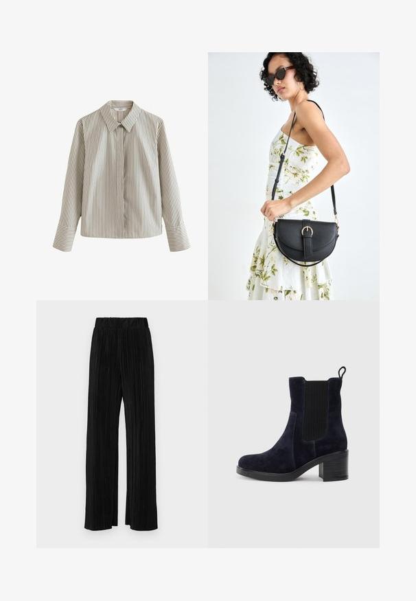 Ribadega särk heledas beežis, tumedate vertikaalsete triipudega, klassikalise krae, pikkade varrukate ja vasakul küljel oleva taskuga.; Mustad pleekitud püksid elastse vöökohtaga. Omavad laiad jalad ja sujuvat, tekstureeritud kangast vertikaalsete triipudega.; Tumedat siniset nahast sääre pooled saapad elastse külgpaneeliga, ümmarguse ninaga ja blokkninaga. Tekstuuriga kangas ja siledad tallad lisavad kontrasti.; Mustmust mustraha kõverate joontega, eemaldatava rihmaga ja kuldsete detailidega. Kotil on klapp, millel on pandladetail.