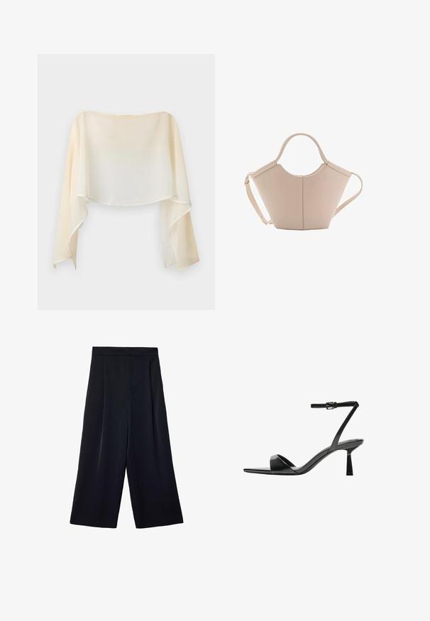 MAX&Co. NEWCIOE - Bluza - off white; Široke crne hlače izrađene od lagane tkanine. Imaju nabran prednji dio, visok struk i slobodan kroj oko nogu.; Bershka Sandale s visokom petom - black; Bež kožna torba jedinstvenog oblika, s dva kratka ručka i dugom podesivom trakom. Glatka tekstura s minimalnim metalnim dodacima.