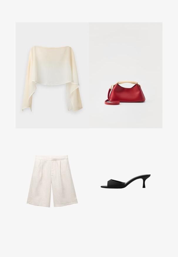 MAX&Co. NEWCIOE - Blouse - off white; Beige linnen shorts met een wijd model, voorzien van voorplooien en een gladde tailleband. De stof heeft een licht gestructureerde afwerking.; Zwarte hakken mules met een brede, open teen en een gebogen bovenkant. Gemaakt van textuurstof, met een slanke hak en een gladde zool.; Elleme MINI BOOMERANG - Schoudertas - Red