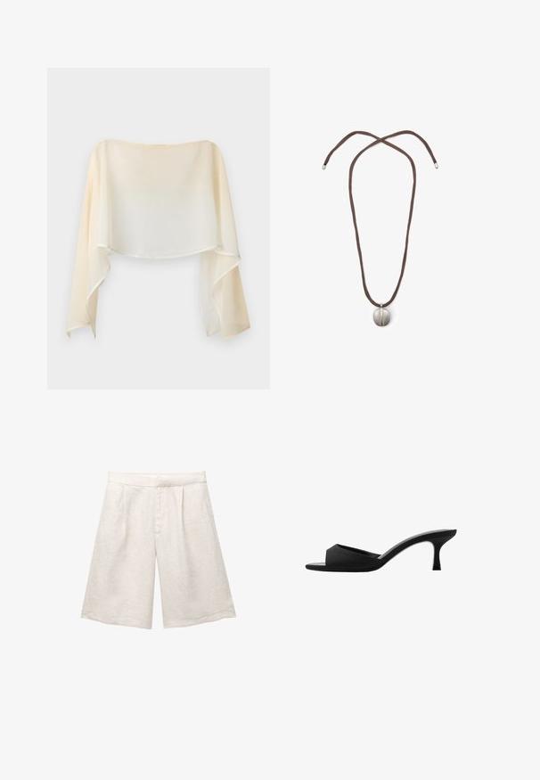 MAX&Co. NEWCIOE - Blouse - off white; Beige linen shorts with a wide leg, featuring front pleats and a smooth waistband. The fabric has a slightly textured finish.; Black heeled mules with a wide, open toe and a curved upper. Made of textured fabric, featuring a slender heel and a smooth sole.; Necklace with a brown cord and a silver oval pendant. The pendant has a smooth surface and a slight indentation in the center.