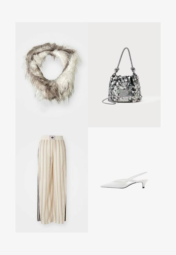 Faux kožešinový infinity šátek ve světle hnědé a krémové barvě, s nadýchanou texturou s různými délkami chlupů a kruhovým designem.; Krémové široké kalhoty s cikcak vzorem, s černým logem na pásu a černými pruhy po stranách. Lehčí, texturovaná tkanina.; Bílé slingback podpatky se špičatou špičkou, s hladkým svrškem, jemnými výřezy a nízkým blokovým podpatkem. Černá podrážka zvýrazňuje design.; Malá stříbrná kabelka pokrytá velkými flitry s uzlem na rukojeti a řetízkovým popruhem, na přední straně s logem značky Guess.