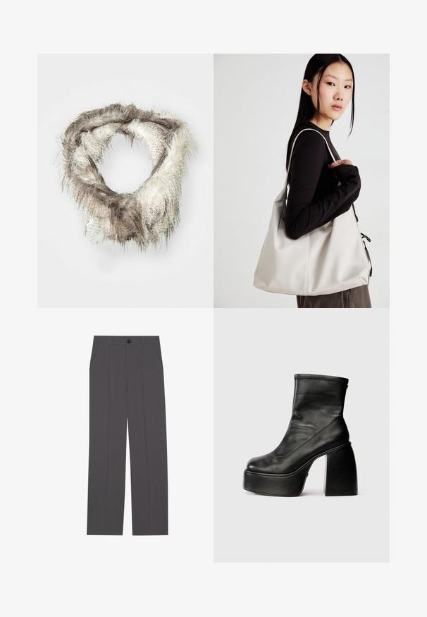 Nepbont infinity sjaal in lichtbruin en crème, met een fluffy textuur en variërende lengtes van bont, in een circulair ontwerp.; Grijze broek met een recht model, voorzien van twee zijzakken en een knoopsluiting. Gladde stof zonder zichtbare patronen of accenten.; Zwarte leren enkellaarsjes met een ronde neus, een gladde textuur en een opvallende blokhak. Voorzien van een zijrits. Minimalistisch design.; Beige handtas gemaakt van zacht materiaal, met een slonzig ontwerp, gestikte details en twee schouderbanden. Geschikt voor dagelijks gebruik.
