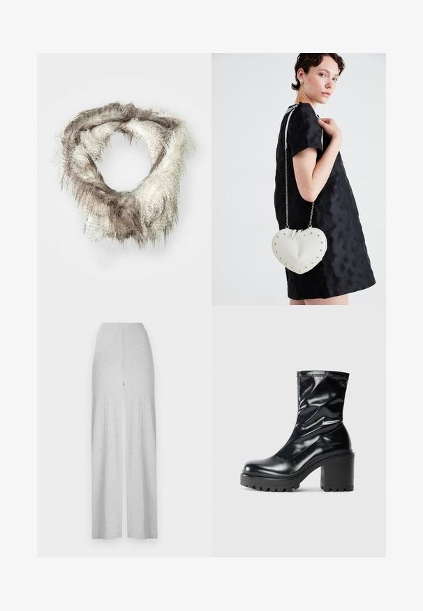 Kunstkarusfaux lõpmatu sall heledas pruunis ja kreemis, millel on karvane tekstuur erineva pikkusega karvadega ja ringikujuline disain.; Heledad hallhalli ribatatud lai jalataskud kõrge vöökoht ja ees olev lõhe. Valmistatud pehmest kangast, millel on sile tekstuur.; Mustaline nahast keskpikk saabas pakse plokknina ja soonilise tallaga, esitatud profiilis heledal lihtsal taustal.; Südamekujuline valge kott hõbedaste naeltega, sile tekstuur ja kettrihm. Kantud musta tekstuuriga kleidi kohal, tuues esile oma ainulaadse disaini.