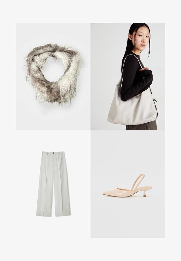Világosbarna és krémszínű műszőrme végtelen sál, puha textúrával, eltérő hosszúságú szőrszálakkal és kör alakú dizájnnal.; Világosszürke, bő szabású nadrág textúrált anyagból, gombos záródással és két pliszszel elöl az extra részletesség érdekében.; Bézs színű lakkbőr slingback magassarkú cipők hegyes orral és vékony, négyzetes sarkú dizájnnal. Simább textúra és minimalista stílus, díszítések nélkül.; Puha anyagból készült bézs kézitáska, laza dizájnnal, varrott részletekkel és két vállpánttal. Mindennapi használatra alkalmas.