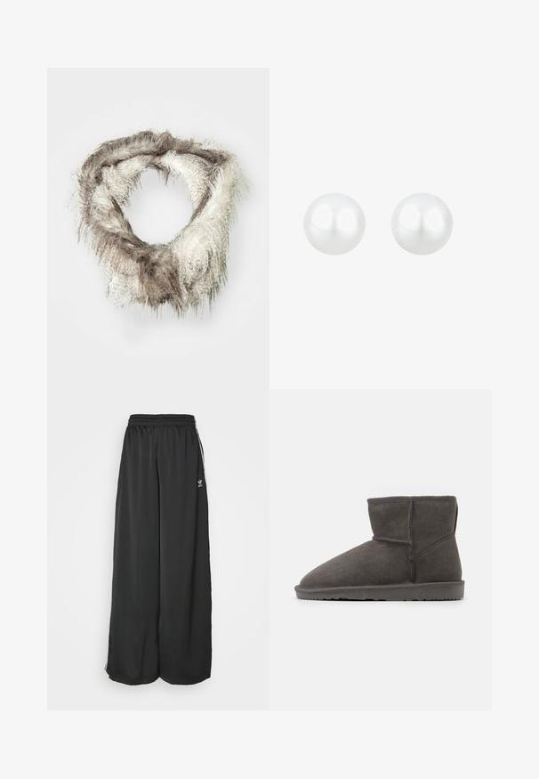 Faux fur infinity tørklæde i lys brun og cremet farve, der har en fluffy tekstur med varierende længder af pels og et cirkulært design.; Sorte løstsiddende træningsbukser lavet af glat stof. Har en elastisk talje og sidelogsstriber med logoaccents.; Grå ruskind ankelstøvle med spids tå og blødt indre foder. Har en flad gummisål og minimal syning.; Elli PERLEN MUSCHELKERNPERLEN ELEGANT BASIC - Øreringe - weiß; Sort pung lavet af syntetisk materiale med tekstureret overflade, der har et guld trekantet logo og en lynlås lukning med et håndledsrem.