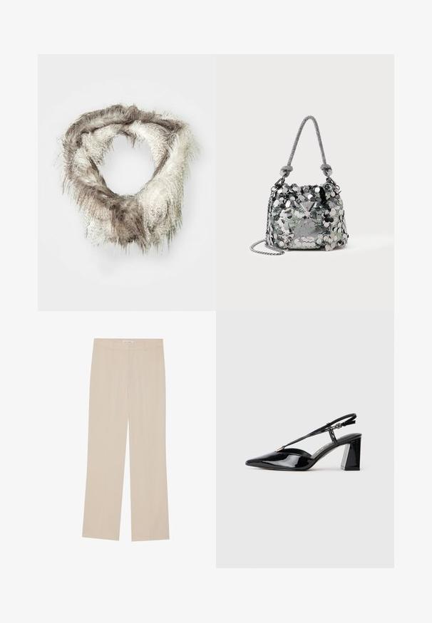 Faux fur uendelighets skjerf i lys brun og krem, med en fluffy tekstur og varierende lengder av pels, samt et sirkulært design.; Beige videbukser med en glat overflade, der har en skræddersyet pasform, to forlommer og diskrete pressefolder langs benene.; Sorte lakkormede slingback høye hæler med spiss tå, justerbar stropp og kraftig rektangulær hæl.; Liten sølvfarget håndveske dekket med store paljetter, med knyttet håndtak og kjede-rem, som har en Guess-merkevarelogo på framsiden.; Kremfarget polstret hodebånd med tvunnet design, kombinert med en beige og hvit stripete skjorte med rund halsutskjæring. Subtile smykker som aksenter.