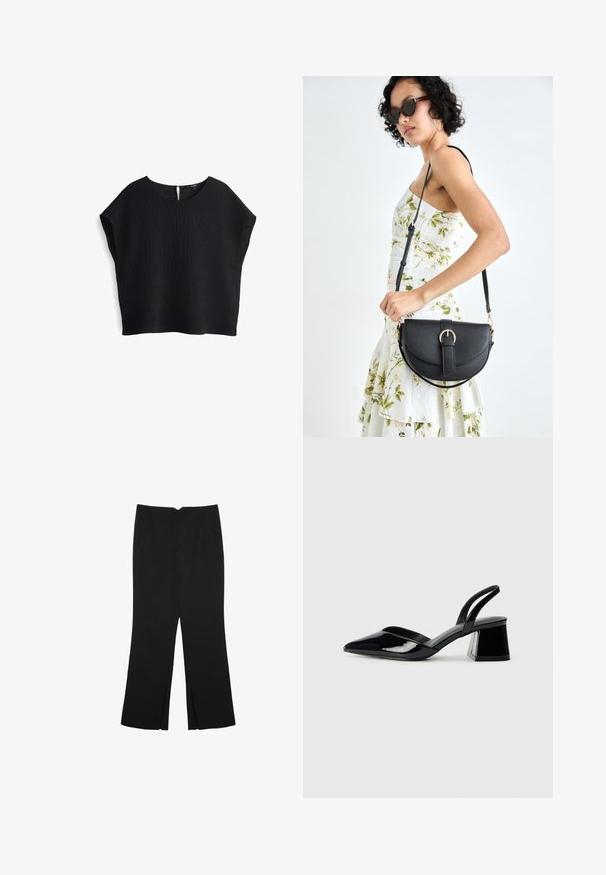 Top nero, leggero e morbido realizzato in un tessuto testurizzato. Presenta un colletto rotondo e maniche corte con una chiusura a oblò sul retro.; Pantaloni neri a gamba dritta, con tasche frontali e spacchi laterali all'orlo. Realizzati in tessuto morbido e liscio. Adatti a diverse occasioni.; Décolleté in vernice nera con punta affusolata e tacco in geometria cubica. Presentano un design elegante e minimalista, con una texture liscia.; Borsa a tracolla nera in pelle con una forma curva, manico rimovibile e accessori dorati. La borsa presenta una patta con un dettaglio a fibbia.