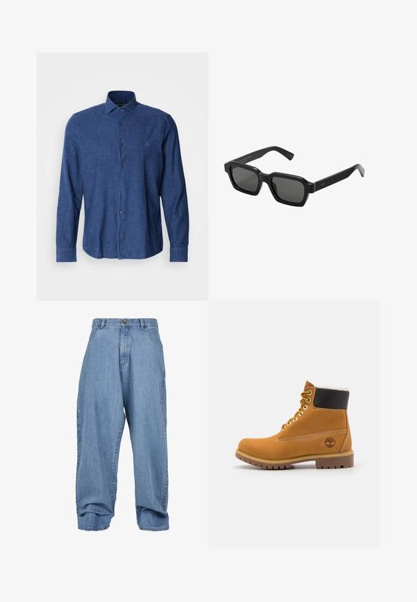Modra srajca z dolgimi rokavi iz teksturirane tkanine, ki ima klasičen ovratnik, gumbasto zapiranje in diskretno izvezene logotipe na prsih.; Bela polo majica iz bombaža. Ima klasičen ovratnik, tri gumbke in kratke rokave. Diskretno vezen logo na prsih.; Svijetloplave traper hlače sa širokim krojem, zatvaranjem na dugme, prednjim džepovima i manžetom, s klasičnim pet-džepnim dizajnom.; Rjave usnjene gležnjarje z metalnimi luknjami, belim krznom na notranji strani, črnima oblazinjeno ovratnikom, trdo podplatom in vtisnjenim logotipom na strani.; Črna, kvadratna sončna očala z sivimi lečami. Debeli plastični okviri vsebujejo zlate detajle in blagovno znamko na templju. Gladka tekstura.