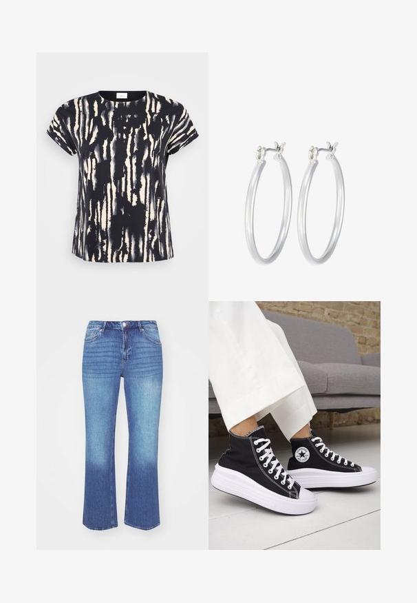 T-shirt a maniche corte a righe nere e crema con scollatura rotonda, caratterizzato da un motivo simile a una pittura ad acquerello e realizzato in tessuto morbido e leggero.; Jeans in denim con una sfumatura di blu chiaro a medio. Presentano un taglio dritto, cinque tasche e dettagli cuciti lungo le cuciture.; Sneakers nere alte con suole e lacci in gomma bianca. Presentano una toppa con logo rotondo e cuciture a contrasto bianche. Materiale in tela.; Orecchini a cerchio in argento con una finitura liscia e lucida. Forma rotonda e chiusura a scatto sicura. Design leggero adatto per l'uso quotidiano.