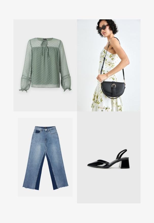 Przezroczysta zielona bluzka w groszki, okrągły dekolt, detal w postaci wiązania z przodu oraz elastyczne mankiety z dekoracyjnymi akcentami.; Jasnoniebieskie spodnie z szerokimi nogawkami z kontrastującymi ciemnoniebieskimi panelami, postrzępionymi końcówkami i standardowym stanem z metalowym zapięciem.; Czarne lakierowane półbuty na obcasie z wydłużonym noskiem i geometrycznym słupkiem. Charakteryzują się eleganckim, minimalistycznym designem oraz gładką fakturą.; Czarna skórzana torebka o zakrzywionym kształcie, z odpinanym paskiem i złotymi akcentami. Torebka posiada klapę z zapięciem w kształcie klamry.