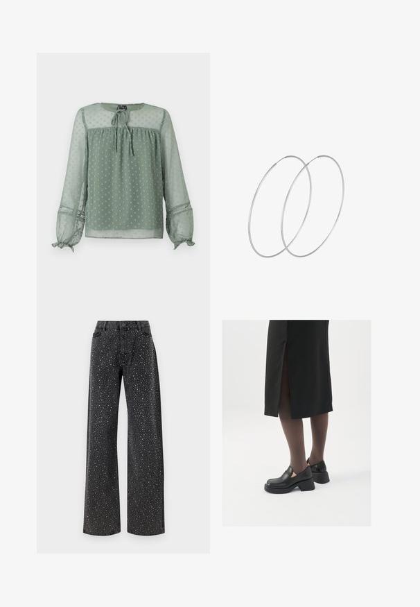 Caura zaļa blūze ar punktiņu rakstu, apaļš kakls, saišu detaļa priekšā un elastīgas aproces ar dekoratīviem akcentiem.; Noisy May NMJANNEL LOOSE - Brīva piegriezuma džinsi - black denim; Melni ādas apavi ar noapaļotu purngalu, biezām bloku papēžiem un elastīgiem sānu akcentiem, apvienoti ar tumšām zeķubiksēm un melnu svārku ar šķirbu.; Sudraba gredzenveida auskari ar minimālistisku dizainu. Cirkulāra forma, gluda tekstūra un plāns profils. Vieglu svaru ar spīdīgu apdari.