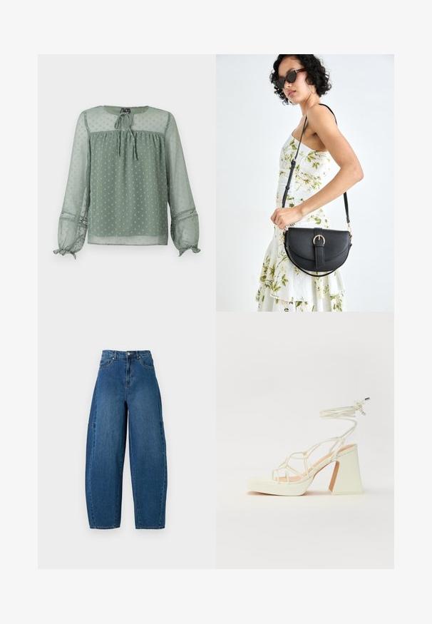 Przezroczysta zielona bluzka w groszki, okrągły dekolt, detal w postaci wiązania z przodu oraz elastyczne mankiety z dekoracyjnymi akcentami.; Jeans dżinsowe w średnim niebieskim kolorze, z wysokim stanem, szeroką nogawką oraz standardowym pięciomieszkowym wzorem, z widocznymi detalami przeszycia.; Biała sandał na wysokim obcasie z masywnym słupkiem, z paskowym wzorem i wiązaniem przy kostce. Gładka faktura z platformą z przodu dla dodatkowej wysokości.; Czarna skórzana torebka o zakrzywionym kształcie, z odpinanym paskiem i złotymi akcentami. Torebka posiada klapę z zapięciem w kształcie klamry.