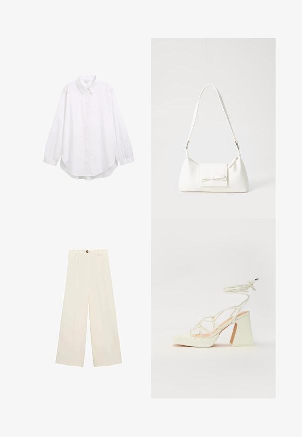 Witte blouse met knopen, lange mouwen met manchetten, puntige kraag, afgeronde zoom, gemaakt van gladde stof, minimalistisch ontwerp zonder patronen.; Crème kleurige wijde broek met hoge taille, een knoopsluiting en een gladde textuur zonder zichtbare patronen of accenten.; Witte hoge hakken sandaal met een chunky hak, met een bandjesontwerp en enkelband. Gladde textuur met een plateau voor extra hoogte.; Witte synthetische handtas met een driehoekige vorm, platte voorklep en strikdetail, verstelbare schouderriem, gladde textuur en minimalistisch ontwerp.