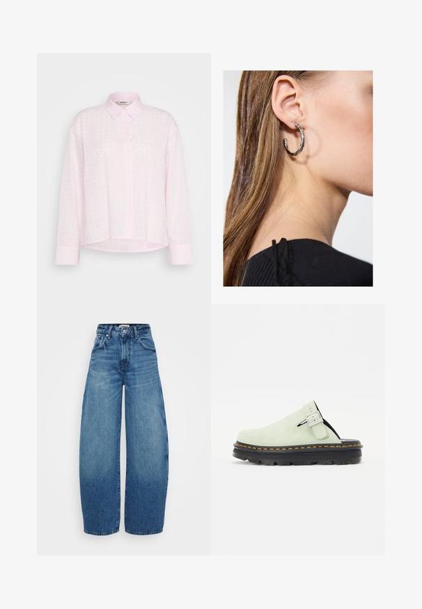 Šviesiai rožinė marškinėlių chemisier su apykakle, vertikaliomis juostelėmis ir mažomis sidabrinėmis dėmėmis, tolygiai išdėstytomis audinyje. Ilgos rankovės.; Plati mėlynos džinsinės kelnės su aukštu liemeniu, pasižyminčios šviesiai tamsiu plovimo gradientu, priekinėmis kišenėmis ir sagos užtraukimu.; Šviesiai žalios zomšinės klumpės su apvalia nosimi, reguliuojama sagtimi ir juodu tekstūruotu padu su oranžiniu siuvinėjimu.; Sidabrinė lankinė auskarai su poliruotu paviršiumi, turintys mažus auksinius akcentus ir apvalią formą, dėvimi ant ausies kaušelio.