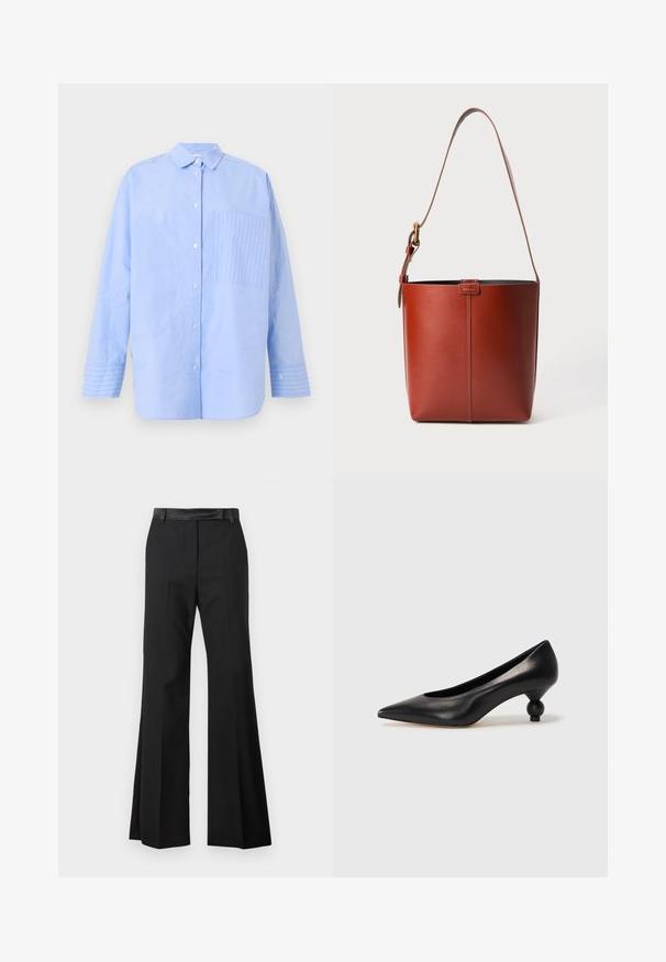 Light blue button-up shirt with vertical stripes, a chest pocket featuring a diagonal stripe pattern, and cuff details with contrasting stripes.; Black flared trousers with a smooth fabric finish, featuring a solid waistband and pressed creases for a tailored appearance.; Black leather high heel shoe with a pointed toe and a round, balled heel. Smooth texture with a sleek, minimal design.; Brown leather bucket bag with adjustable shoulder strap and gold-tone buckle, simple vertical seam detail on front.