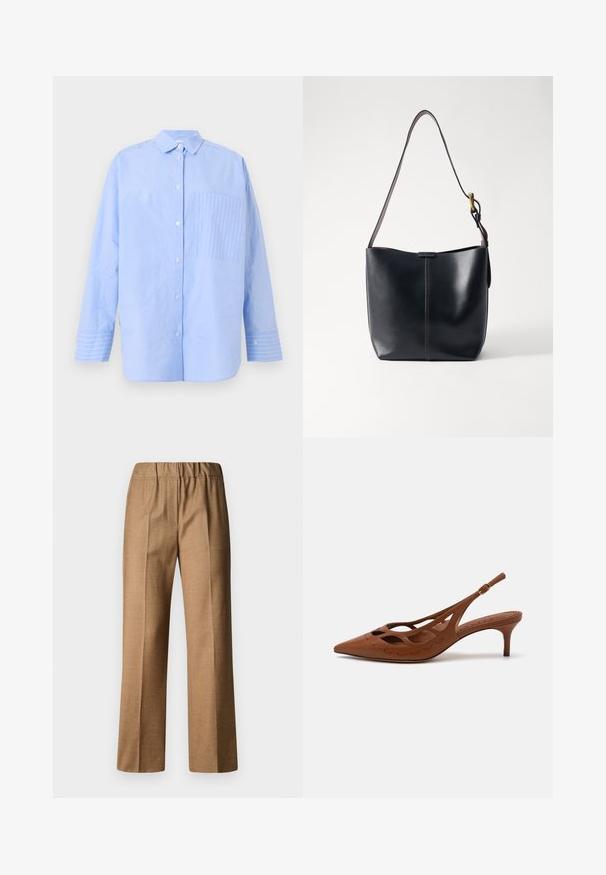Light blue button-up shirt with vertical stripes, a chest pocket featuring a diagonal stripe pattern, and cuff details with contrasting stripes.; Brown, textured trousers with a relaxed fit, featuring a wide leg and an elastic waistband. Tailored design with front pleats.; Brown leather slingback heel with a pointed toe, cut-out design, and stitched detailing. Features a slender heel and adjustable strap.; Black leather shoulder bag with a smooth texture, featuring a thin, long strap and a subtle stitched detail down the center.