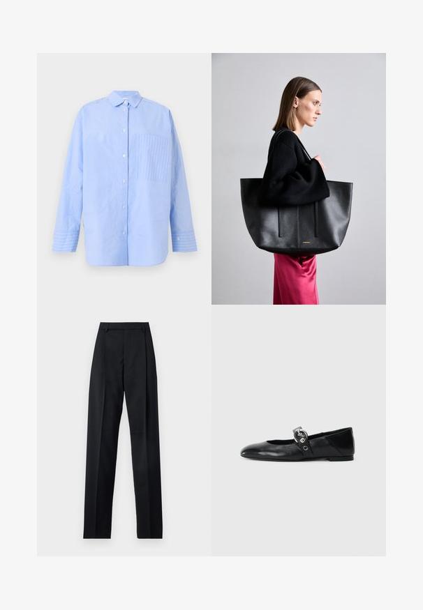 Světle modrá košile na knoflíky s vertikálními pruhy, náprsní kapsou s diagonálním pruhovaným vzorem a detaily na manžetách s kontrastními pruhy.; Černé kalhoty vyrobené z hladké tkaniny, vybavené vysokým pasem, širokými nohavicemi, předními záhyby a klasickými poutky na opasek. Nejsou viditelné boční kapsy.; Černé kožené baletní střevíce s špičatou špičkou, vybavené páskem s kruhovou kovovou přezkou a plochou podrážkou.; Černá kožená taška s texturovaným povrchem, která má dva vertikální pruhy, dvojité ramenní popruhy a minimalistický design.