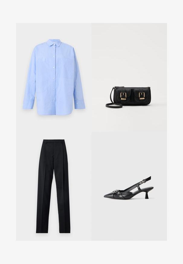 Light blue button-up shirt with vertical stripes, a chest pocket featuring a diagonal stripe pattern, and cuff details with contrasting stripes.; Black trousers made from smooth fabric featuring a high waist, wide legs, front pleats, and classic belt loops. No side pockets visible.; Black leather slingback shoe with a pointed toe, decorative straps featuring metal eyelets, and a low block heel. Textured surface.; Black leather crossbody bag with two front pockets, gold buckles, zipper closure, and a slim strap. Textured surface and compact rectangular shape.