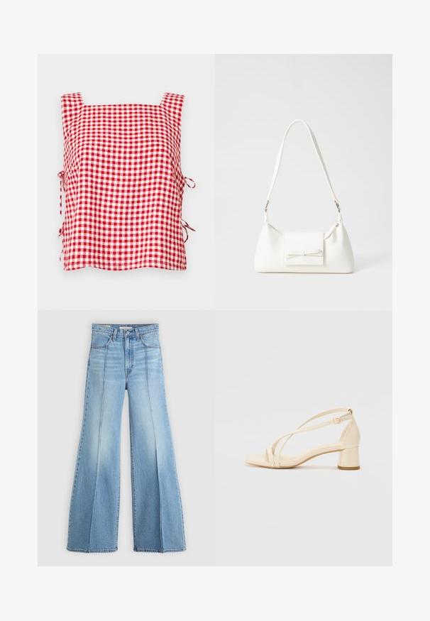 Haut sans manches à carreaux rouge et blanc avec encolure carrée et liens ajustables sur les côtés. Fabriqué en tissu texturé avec un motif à carreaux.; Jean taille haute bleu clair avec jambes larges, poches avant et arrière, passants de ceinture et détails de coutures verticales à l'avant.; Sandales à talons beiges avec un talon bloc, un design entrecroisé et une bride de cheville réglable, fabriquées en matériau synthétique lisse avec une finition mate.; Sac à main synthétique blanc en forme triangulaire, avec un rabat avant plat et un détail en nœud, une bandoulière ajustable, une texture lisse et un design minimaliste.
