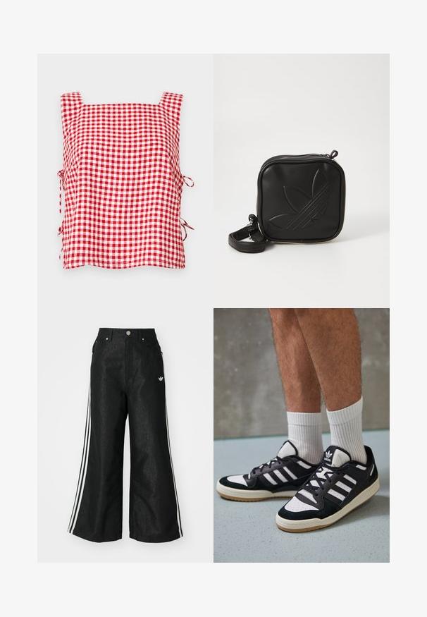 Rotes und weißes Vichy-Karo Top ohne Ärmel mit quadratischem Ausschnitt und verstellbaren Bindebändern an den Seiten. Hergestellt aus strukturiertem Stoff mit kariertem Muster.; Schwarze, weit geschnittene Jeans mit drei weißen Streifen an jeder Seite und einem kleinen weißen Logo. Mit vorderen Taschen und einem Knopfverschluss.; Schwarz-weiße Sneaker mit einem Obermaterial aus Wildleder und Leder, ausgestattet mit drei weißen Streifen, einer perforierten Zehenpartie und einer Sohle aus Gummi.; Schwarze Umhängetasche aus strukturiertem synthetischem Material. Verfügt über ein eingeprägtes Logodesign und einen verstellbaren Riemen. Mit Reißverschluss geschlossen.